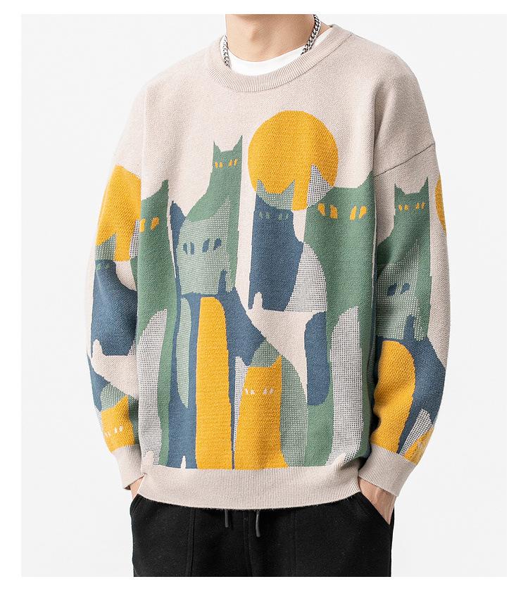2025 American-Japanese Trendy Cat Pattern Round Neck Men's Sweater - Autumn Loose Fit Knitwear