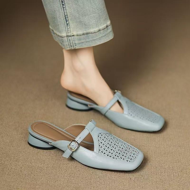 Skinny and Tall Retro Baotou Half Slippers Women's Summer Wear Thick Heels and Inner Height Increase One Pedal Woven Breathable Sandals