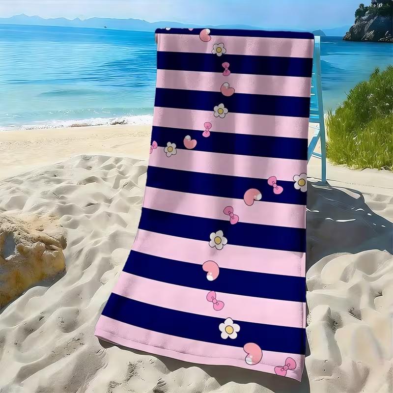 Retro Red Heart Striped Beach Towel Soft Absorbent Quick Dry Lightweight Towel Boho Love Heart Print Towel for Adults