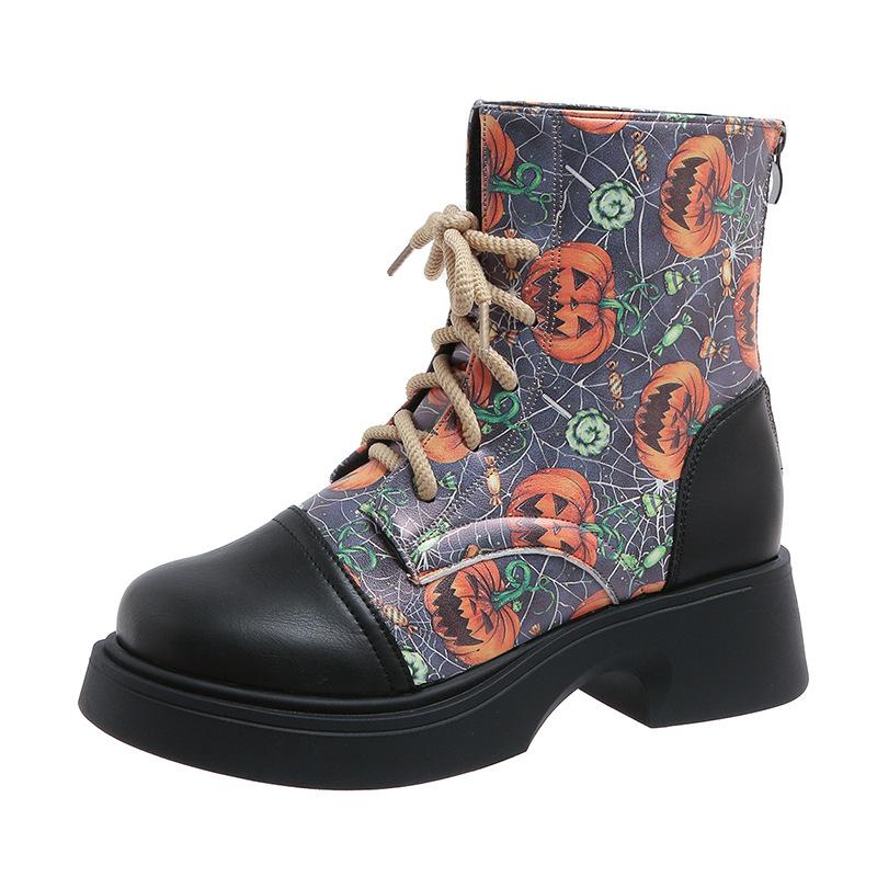 Large Size Martin Boots Women's Autumn and Winter Wind Lace-up Comfortable Thick-soled Printed Fashion Short Boots