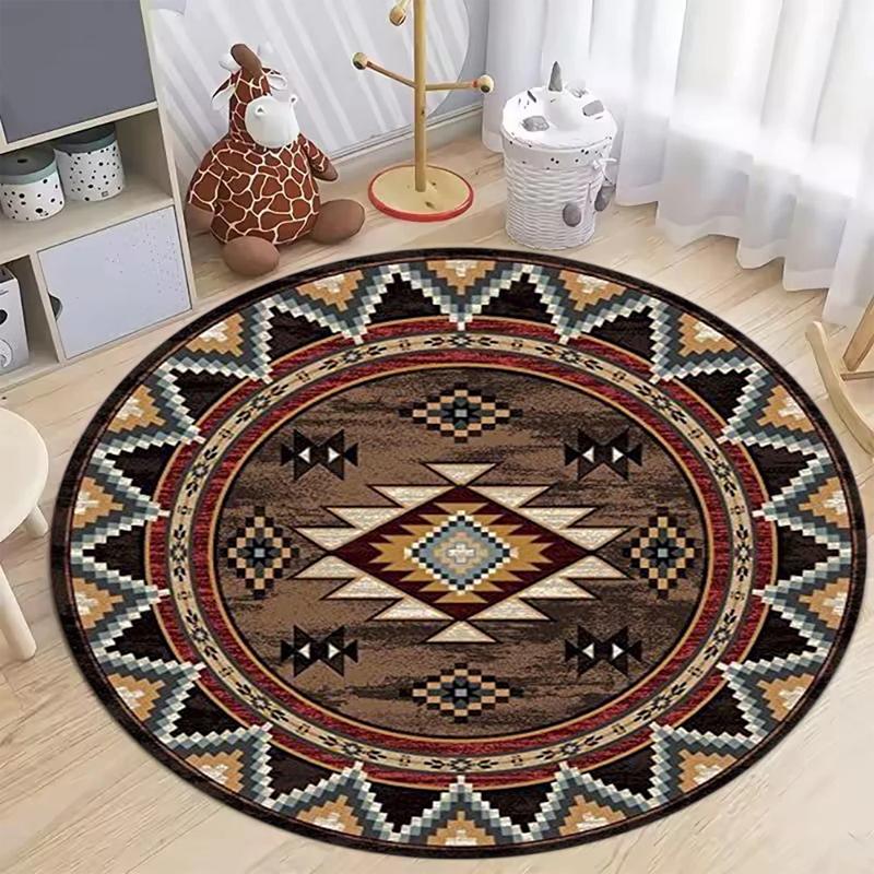 Vintage Bohemian Style Printed Circular Carpet Abstract Geometry Living Room Bedroom Decoration Rug Entrance Doormat