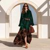 Women's Bohemian Vintage Ruffle Sleeve Velvet Panel Printed Dress for Casual Party Wear