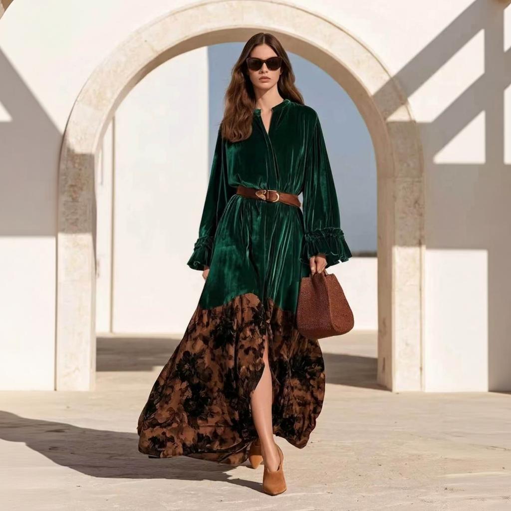 Women's Bohemian Vintage Ruffle Sleeve Velvet Panel Printed Dress for Casual Party Wear