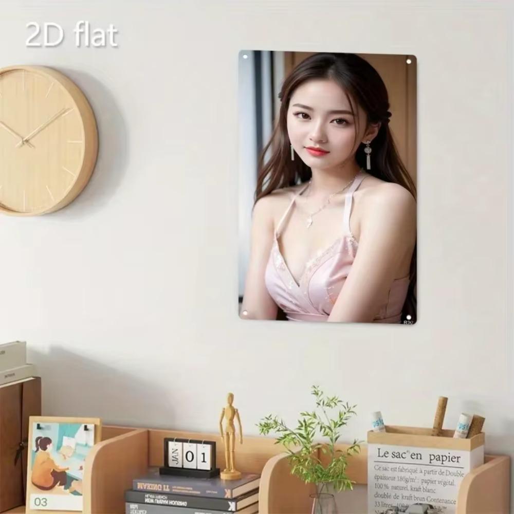 Vintage Metal Wall Art Sign - Elegant Female Face & Pastel Pink Blush - Korean Minimalist Metal Poster