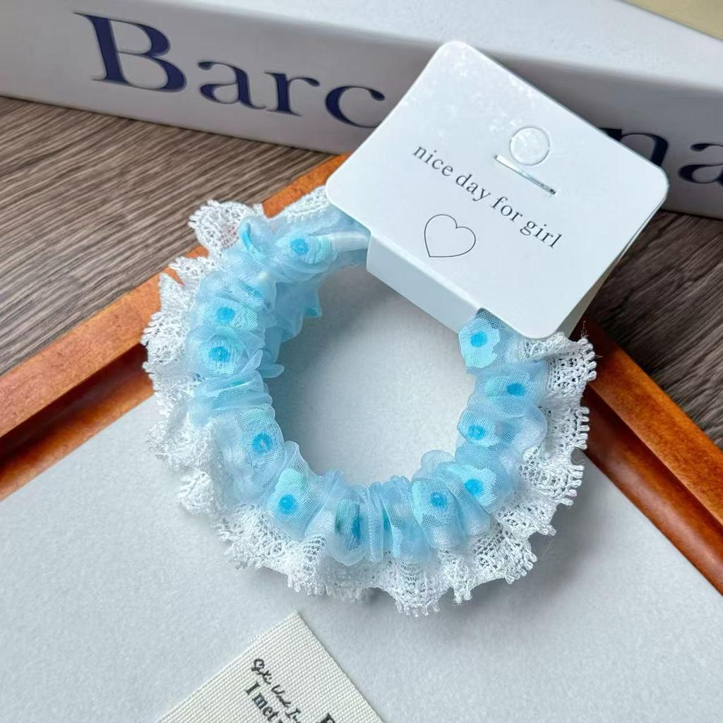 Lace Trim Macaron Color Elastic Flower Hair Tie - Korean Style