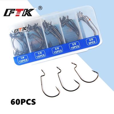 FTK 60Pcs Fishing Soft Worm Offset Hooks High Carbon Steel Wide Super Lock Fishhooks Fishing Tackle
