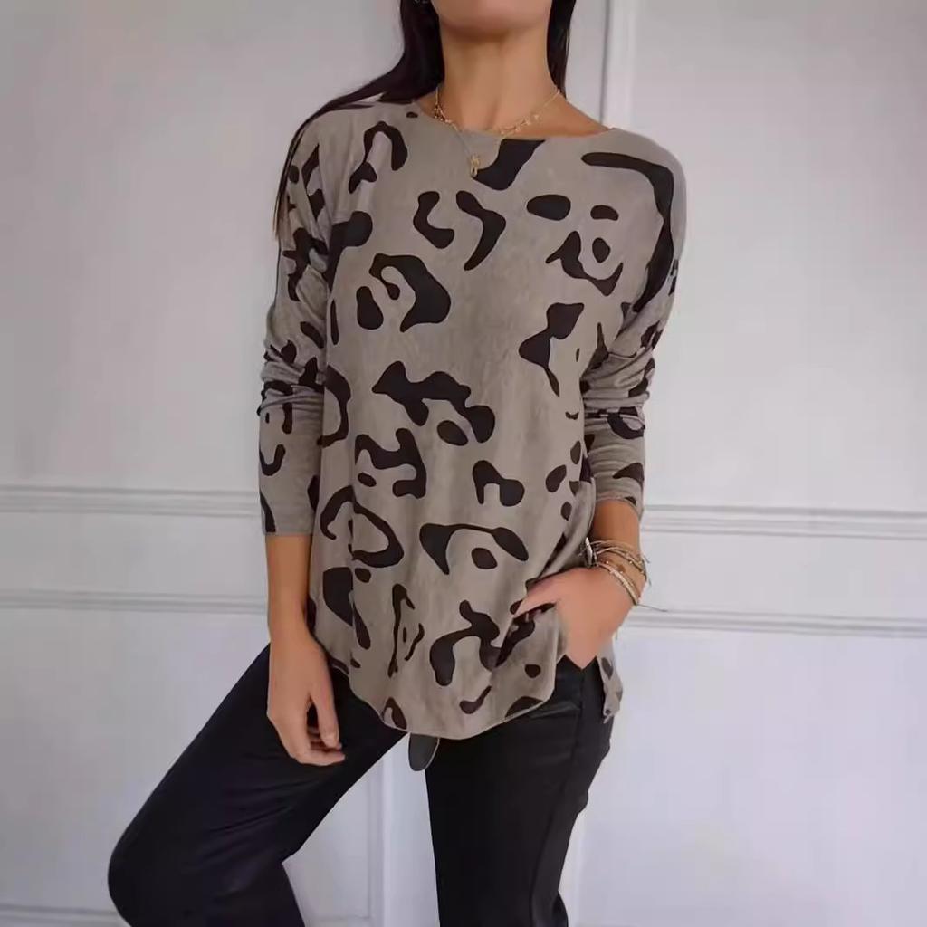 Autumn and Winter Women's Fashion Casual Cheetah Long Sleeve Round Neck Top