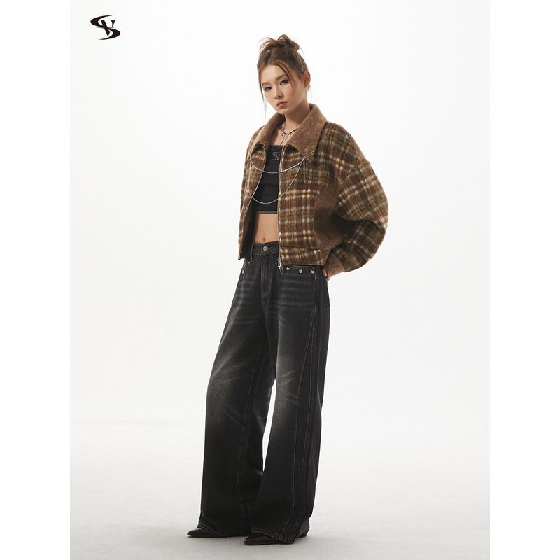 Vone Sheee American Retro Casual Loose Top Fleece-Lined Plaid Short Woolen Jacket for Women Early Autumn and Winter