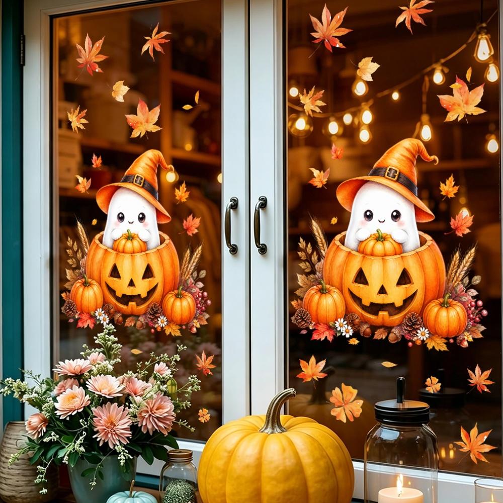 1pcs Fall Cute Ghost Hedgehog Static Window Clings, Thanksgiving Halloween Pumpkin Maple Leaf Window Stickers, No Glue Reusable