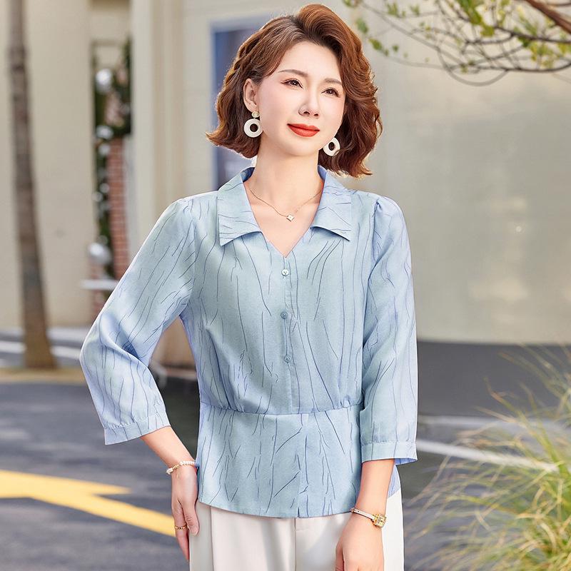 

Elegant Chiffon Lapel Shirt for Middle-Aged & Elderly Women - Long Sleeve Spring/Summer Top 2026 4XL світло-синій колір