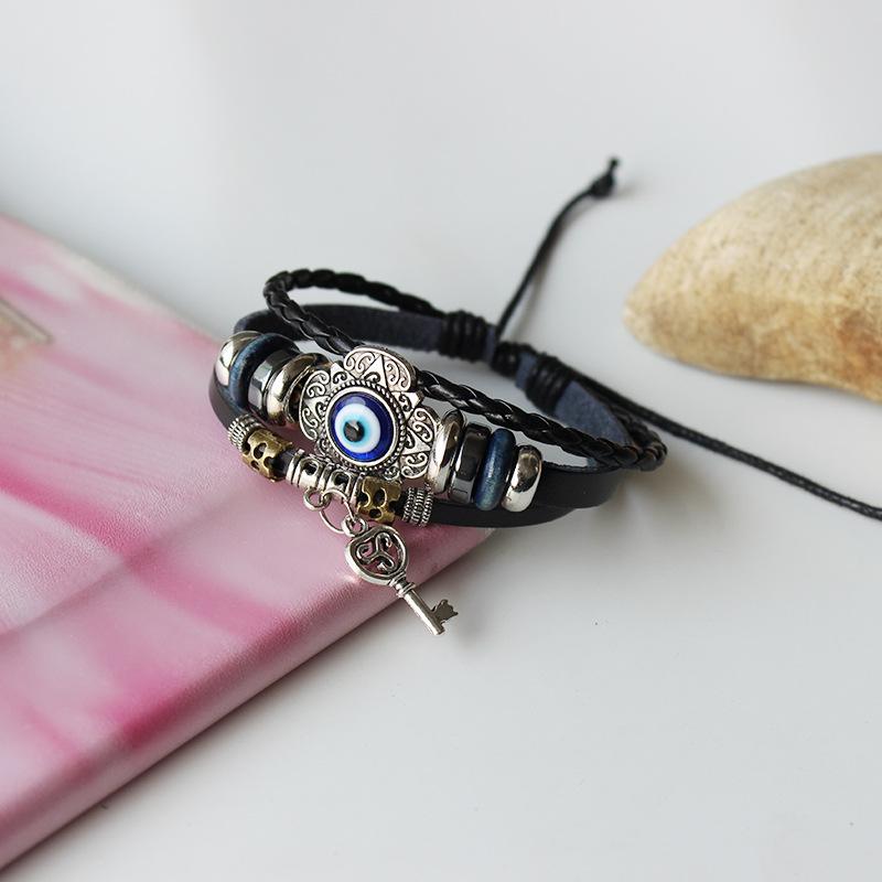 #1Pc Multilayer Vintage Demon Eye Lucky Bangle Punk Jewelry Turkish Blue Evil Eye Flower Leather Rope Bracelets For Women Men