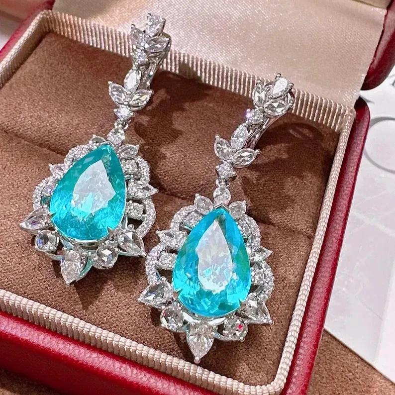 Paraiba Blue Pear Cut CZ Dangle Earrings 925 Silver Luxury Wedding Drop Earrings for Women