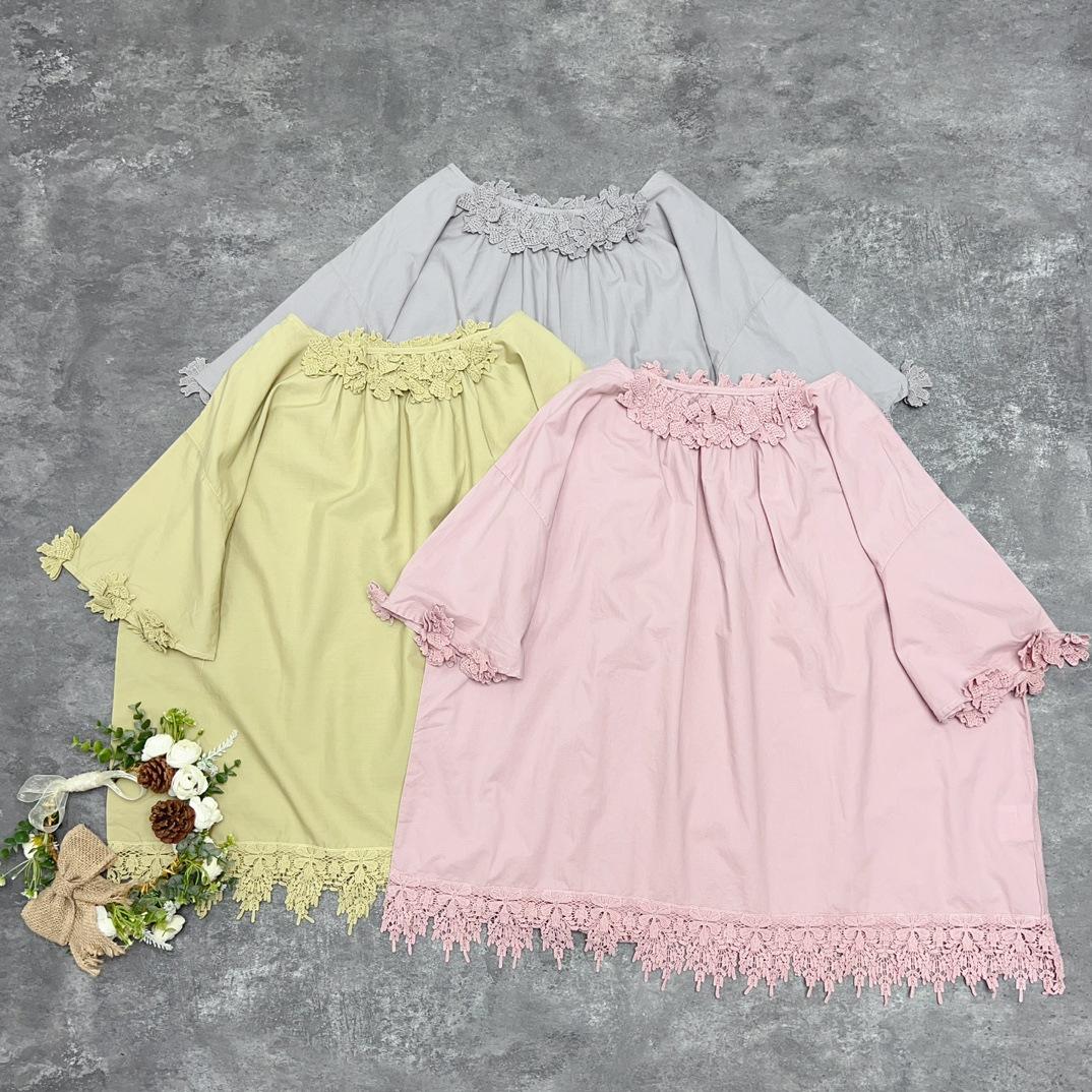 

Японские кружевные трехцветные пуловеры Johnature Heavy Industries, свободные женские летние тонкие топы с короткими рукавами One Size серый