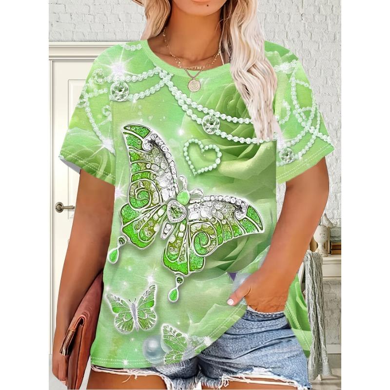 Butterfly and Flower Multicolor Print, Women's Plus Size T-shirt