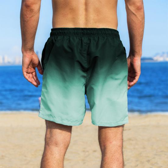 Men Beach Shorts Gradient Contrast Color Drawstring Elastic Waist Casual Daily Wear Pockets Thin Knee Length Summer Shorts Men Vacation Shorts