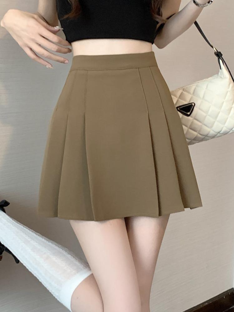 2024 Summer Black High Waist Pleated Midi Skirt - Petite Korean A-Line Skirt for Women