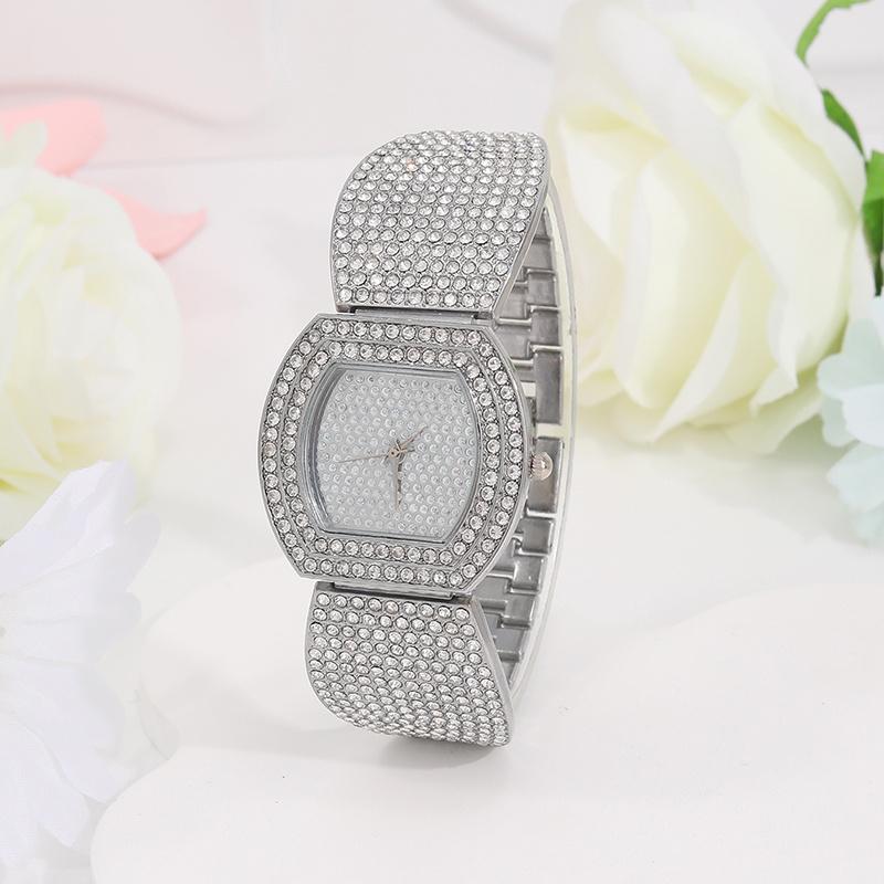 5 STK Mote Luksus Dame Diamant Sølv Kvarts Klokke Jenter Firkantet anheng Halskjede Diamant øredobber Ring smykkesett for jenter