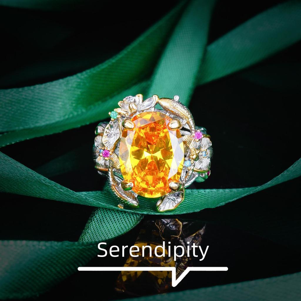 Italian Vintage Pisces Lotus Gem Set: Yellow Diamond Pendant Earrings & Adjustable Ring