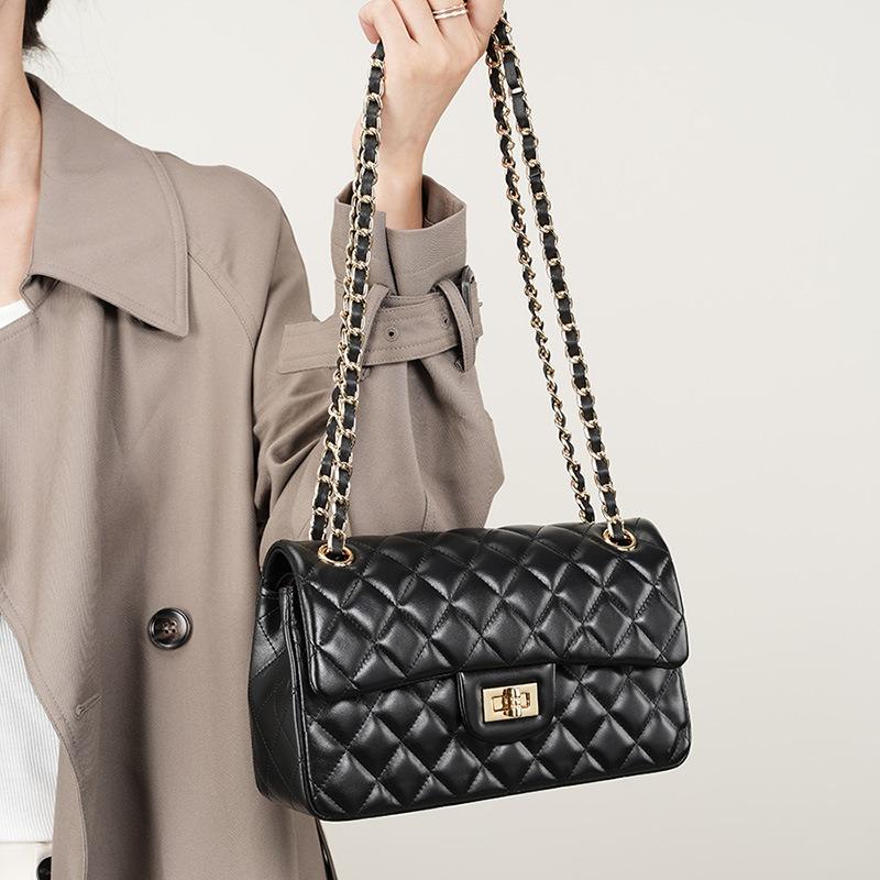 Rindsleder-Tasche, Rindsleder-Kette, kleiner Duft-Stil, modische Rauten-Gitter-Tasche, Einzel-Schulter-Umhängetasche für Damen, kleine quadratische Ledertasche