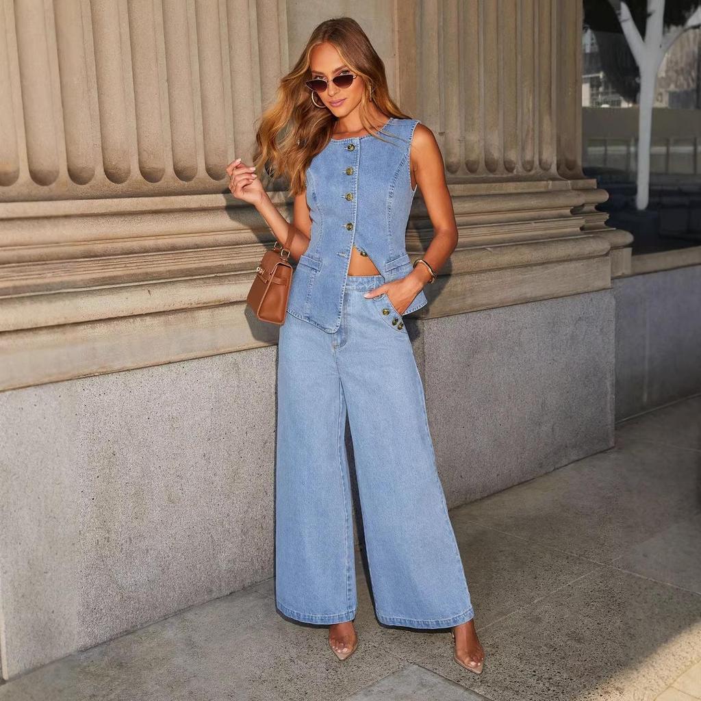 European & American Fashion Denim Pantsuit: Sleeveless Vest & Wide-Leg Jeans