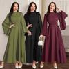 Robe longue décontractée unie pour femme, col montant, manches longues, taille cintrée