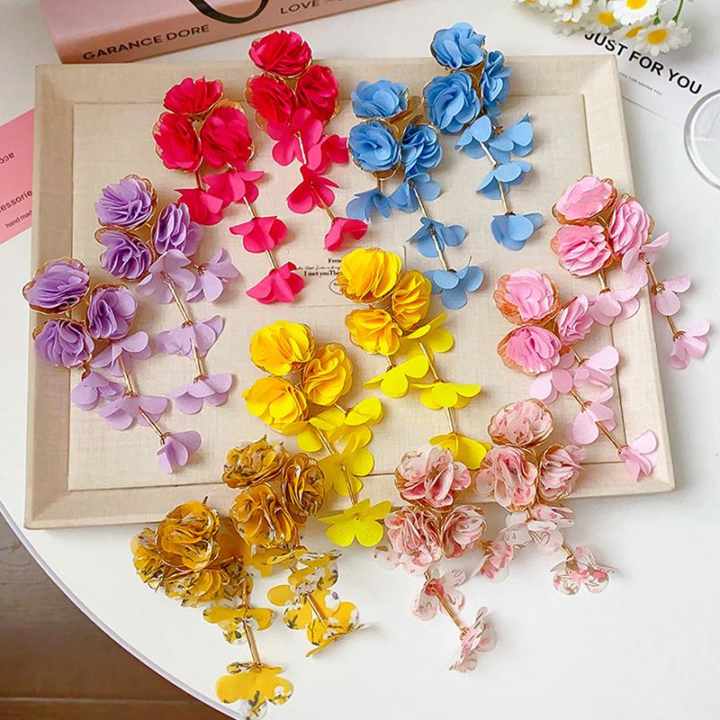 Sommer Chiffon Blumen Quasten Ohrringe für Frauen Urlaubsstil Übertrieben Süße Hängeohrringe Schmuck Accessoires Geschenke
