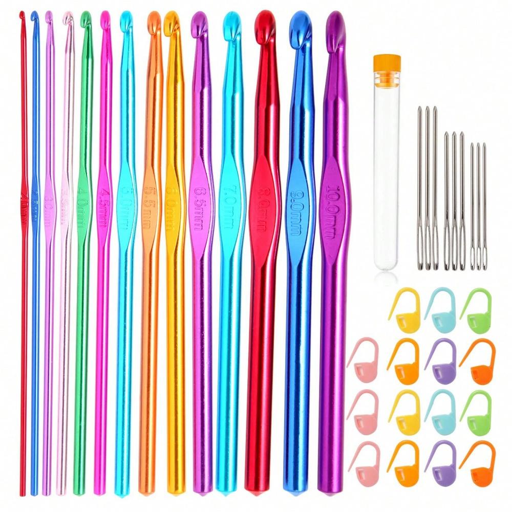 

43pcs Crochet Set Aluminum Ergonomic Handle Crochet Hooks Ergonomic Aluminum Handle with Stitch Markers Large-Eye Blunt Needles