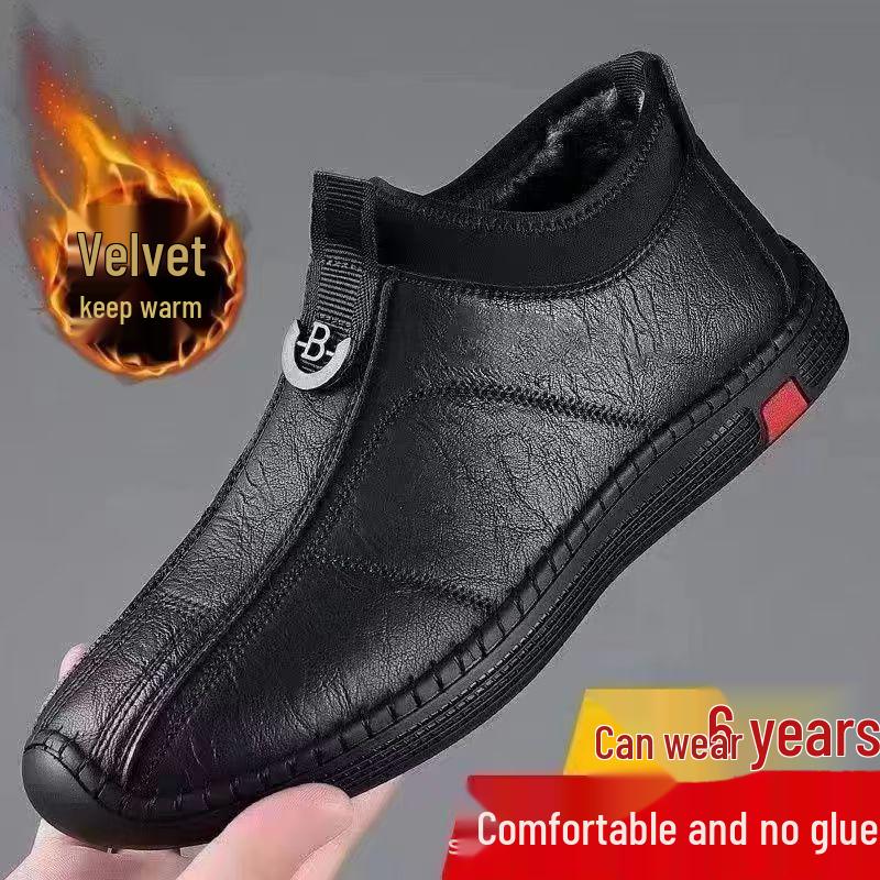 

Men s Winter Fleece-Lined Leather Slip-On Shoes – Warm, Soft, and Comfortable Low-Top Casual Dad Shoes Size 40 чёрный