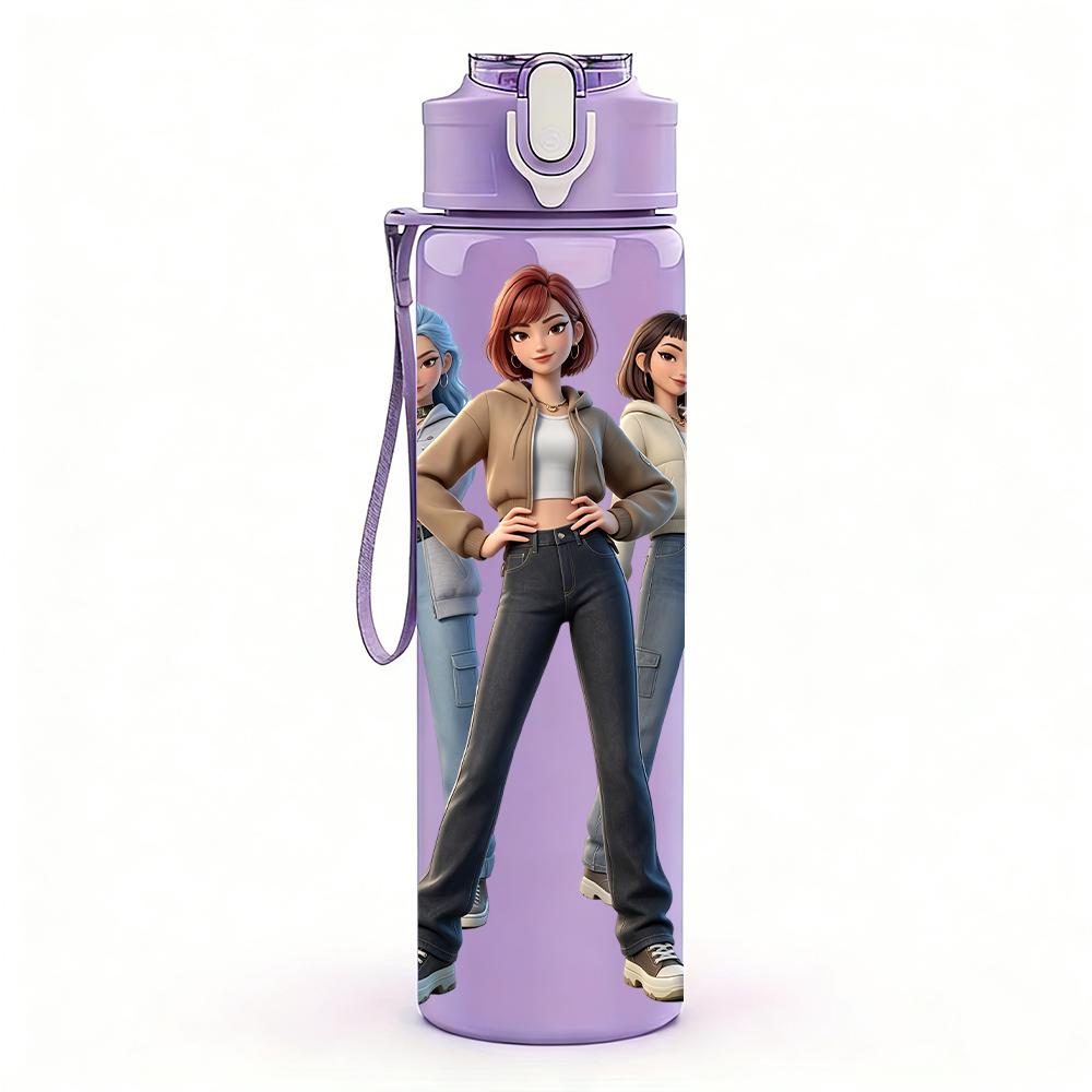 1PC Three Casual Fashion Girls Standing 750ml Color Plastic Sports Water Bottle Leakproof Flip Straw Lid Suitable for Sports Office Home Use