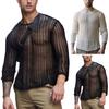 Men Mesh Top See Through Long Sleeves Round Neck Hollow-out Sexy Dress Up Polyester Men Bottoming Shirt Knitted Mesh Top Clothing for Male