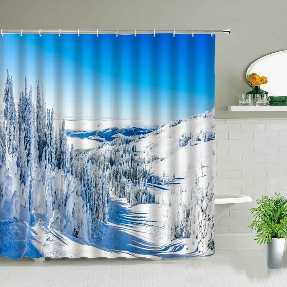 Winter Snow Scene Shower Curtains Trees Natural Scenery 3D Print Waterproof Bathroom Decor Home Bathtub Polyester Curtain Set