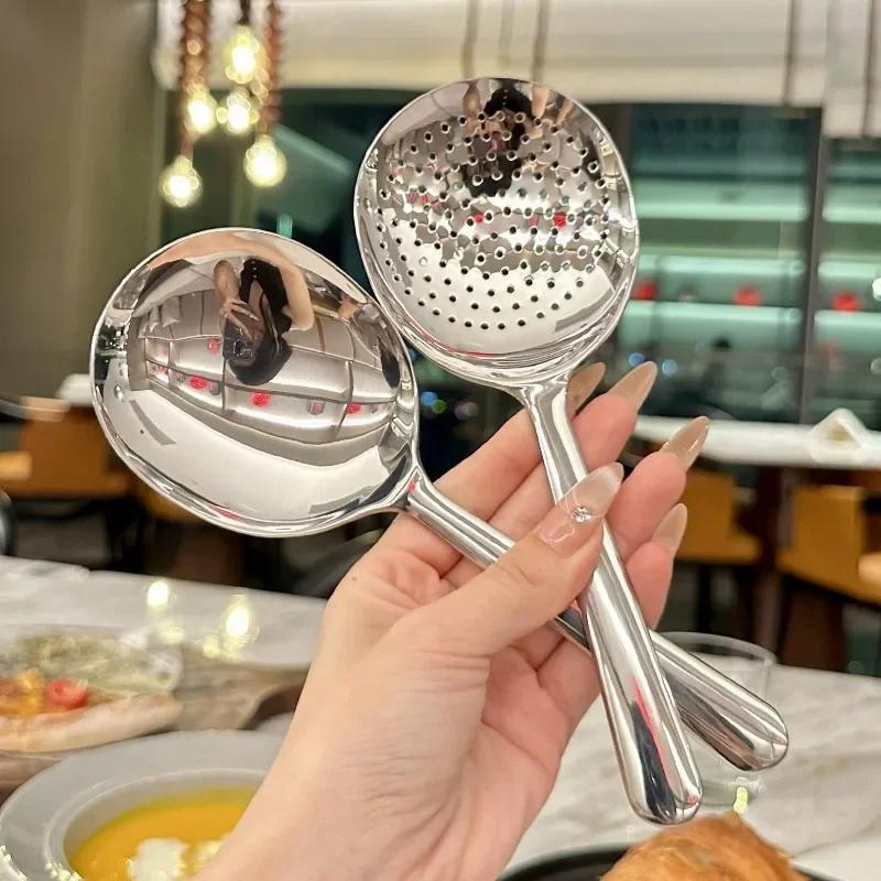 Hot Stainless Steel Ladles For Serving Soup Rice Serving Spoon Drain Hole Heat Insulated Handle Kitchen Utensils For Daily Use