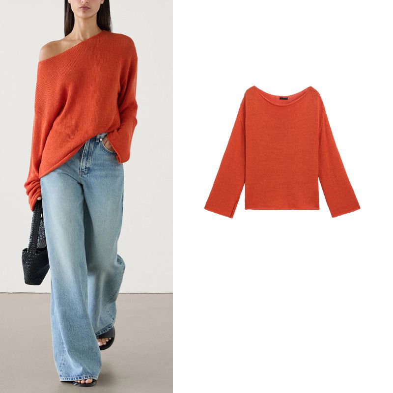 MD Spring Red New Style Sweaters Women's Clothing Loose and Idle Lightweight Boat Neck Long Sleeves T-shirt Knitwear 5695615