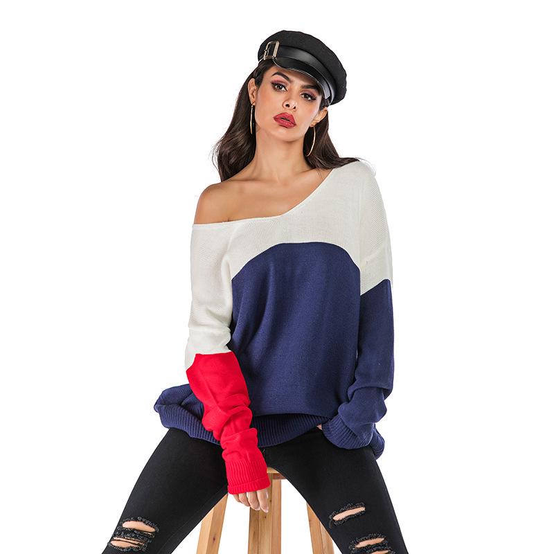 Women's V-Neck Sweater, Color-Block, Loose Fit