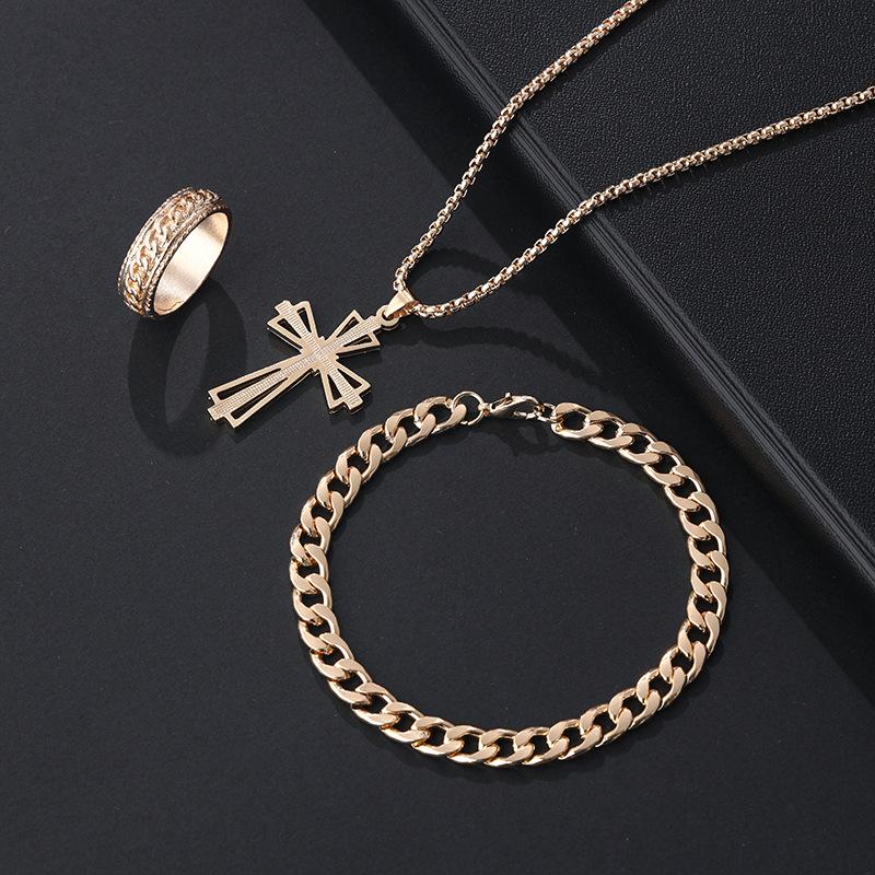 3Pcs Set Men'S Stainless Steel Metal Cross Pendant Chain Necklace Bracelet Ring Jewelry Set Male Hip Hop Daily Wear Accessories