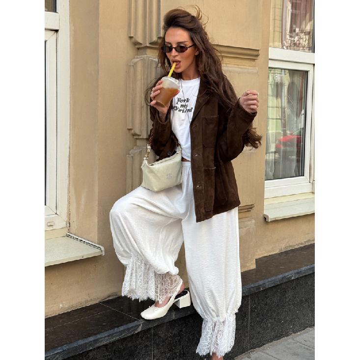 Linad Vintage Loose Lace Pencil Pants For Women White Elegant Elastic Waist Trousers Street Chic Ankle Length Pants 2025 Summer