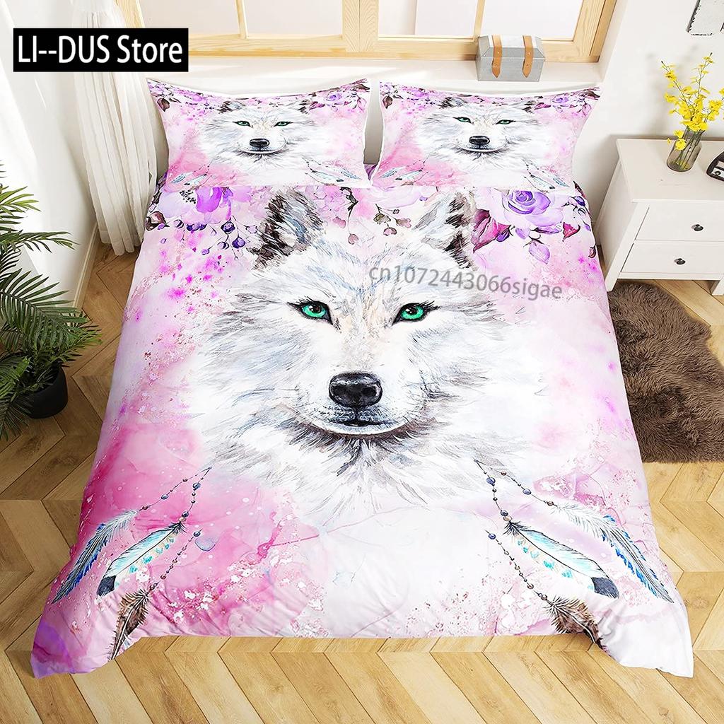 Galaxy Wolf Duvet Cover Set Full Size Bedding Set for Boys Girls Wolf Head Printed Duvet Cove Set 1 Quilt Cover 2 Pillowcases