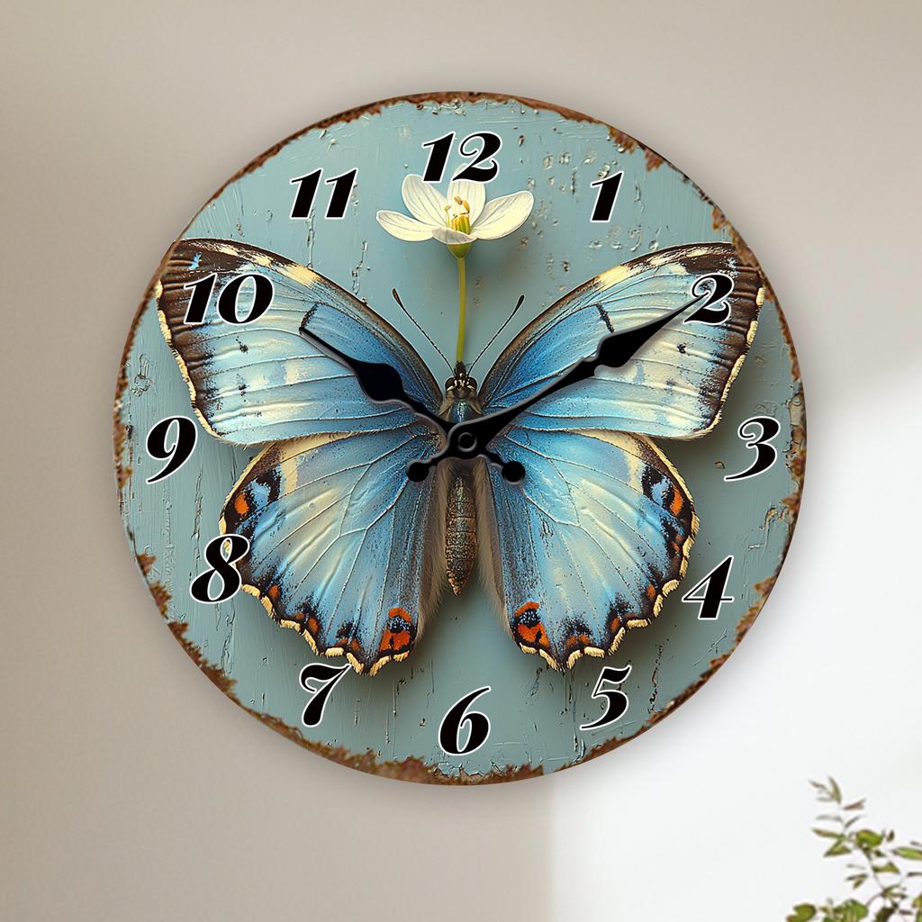 Vintage Butterfly and Flower Wall Clock, Rustic Decorative Silent Quartz Clock for Living Room Decor