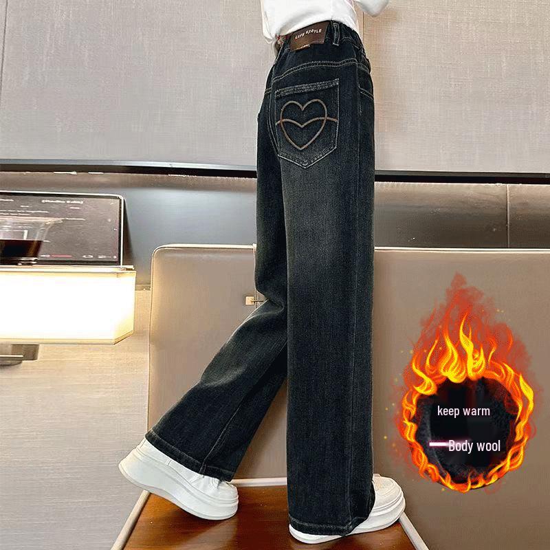 

Girls Plush-Lined Wide-Leg Winter Jeans - Fleece Straight-Leg Pants for Kids 130cm
