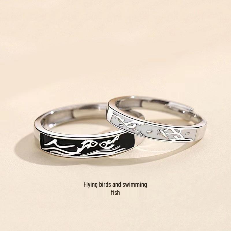 Niche Design Couple Rings: Flying Birds & Swimming Fish Alloy for All Genders - Simple, Light Luxury Valentine s Day Jewelry.