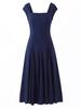 Elegantes quadratisch ausgeschnittenes Midi-Kleid im französischen Stil mit Bindegürtel