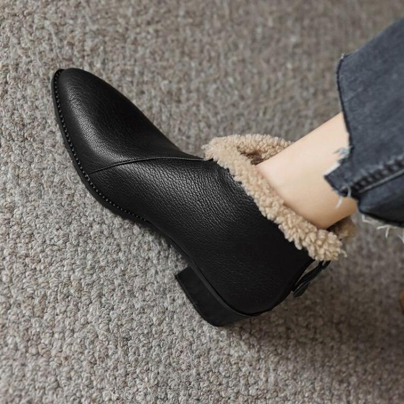 Winter Mother Boots - French Elegant Pointed Toe Ankle Boots with Plush Lining and Chunky Heel Short Boots