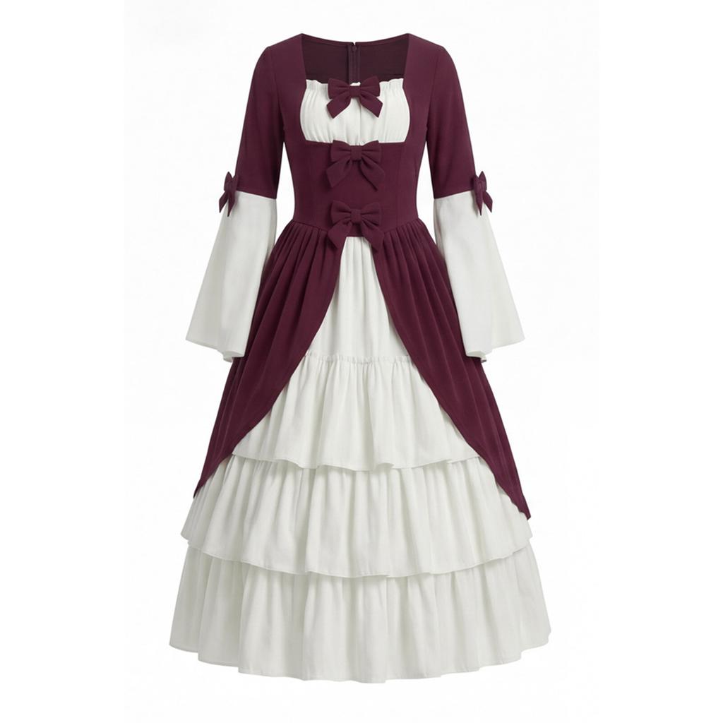 Medieval Gothic Court Dress Women Vintage Halloween Costume Square Neck Waist Tie Bow Accent Layered Skirt Party Dress