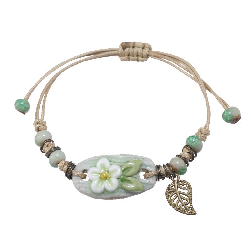 Retro ceramic flower woven bracelet niche literary hand rope small fresh bell bracelet female