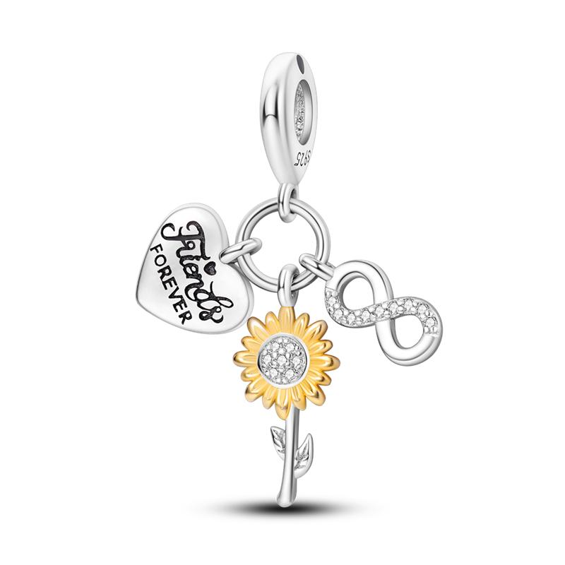 925 Sterling Copper Golden Sunflowers Heart Beads Pendant Charms Beads Fit 4MM Hole Diameter Bracelets Luxury Party DIY Zircon