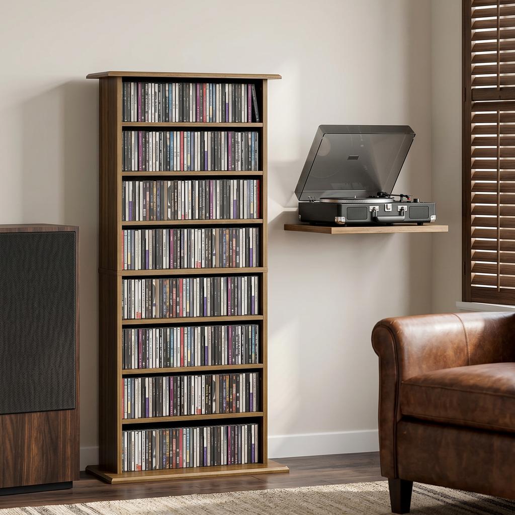 CD/DVD Storage Unit, 8 Compartments, 6 Adjustable Shelves, 360 CDs / 185 DVDs, Walnut
