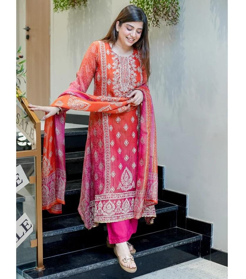 Beautiful Designer Chinon Kurti Set Women Bollywood Party Wear Kurta Pant Dupatta Set Salwar Kameez