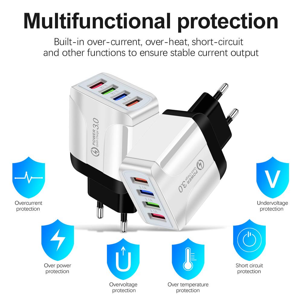 Vibrant 4-Port USB Travel Charger, 5V/2.4A Fast Charging with EU, UK, AU Plugs