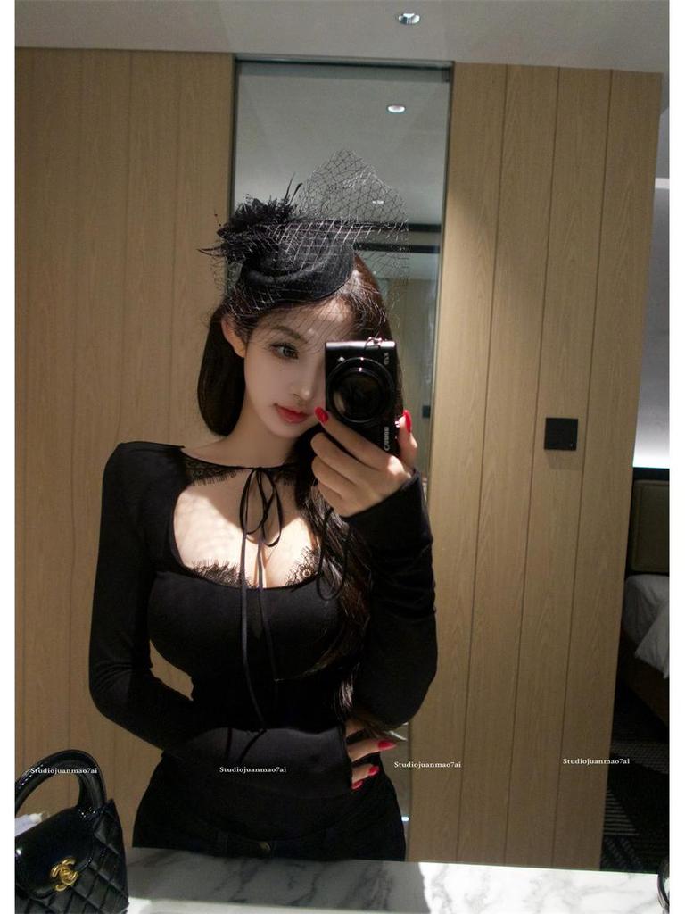 Spring 2026 Korean Yujie Style Black Lace-up Mesh Top Base Layer