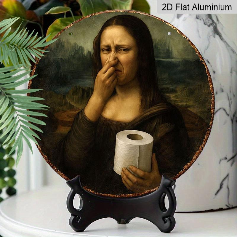2D Flat, 1pc Funny Mona Lisa Covering Nose Restroom Aluminum Sign - Vintage Bathroom Wall Decor, Waterproof Rust-Proof Wall Plaque, Suitable for